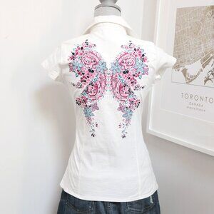 BUFFALO White Butterfly Embroidered Button Up Tee